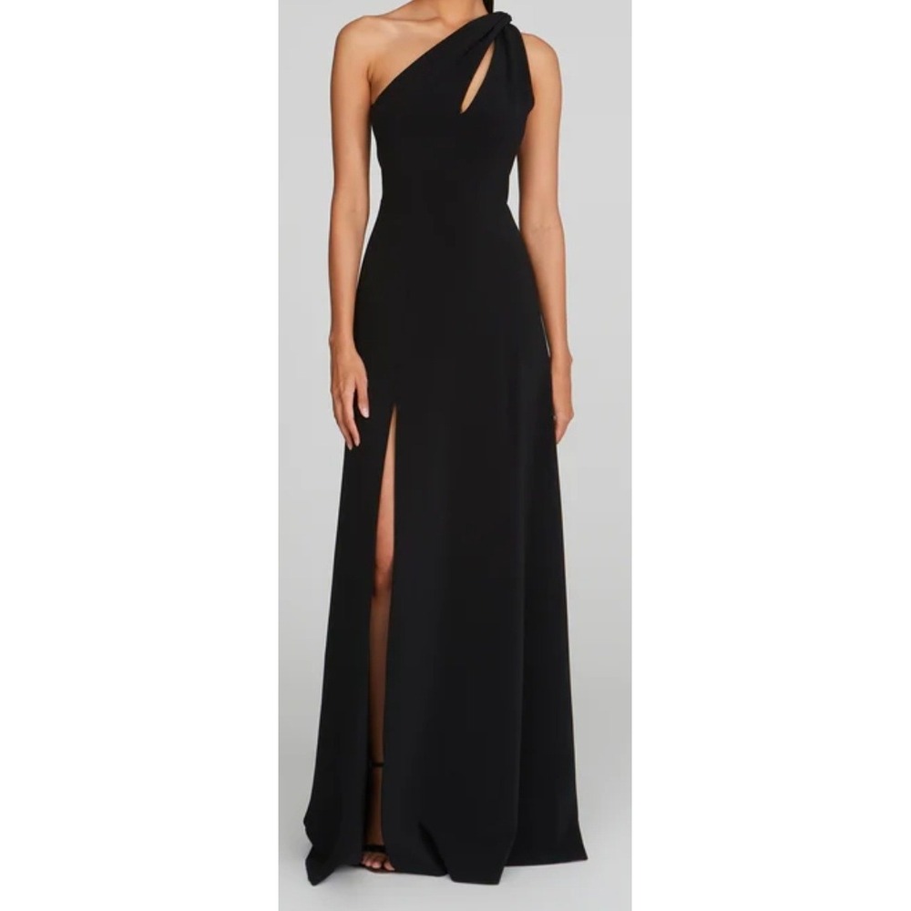 Halston Navi Luxe Crepe Gown Black One Shoulder Keyhole Cutout Maxi Dress